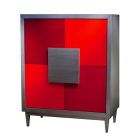 Armoire 2 portes, 2 tiroirs et 6 étagères réglables couleur Métal brossé - Cerise - Rouge écarlate