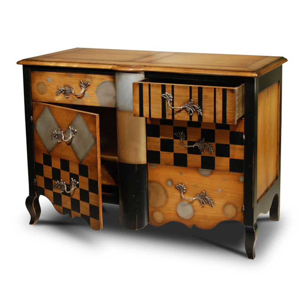 Commode 2 tiroirs, 2 portes avec étagères réglables Merisier doré - alu - or - noir- porte ouverte